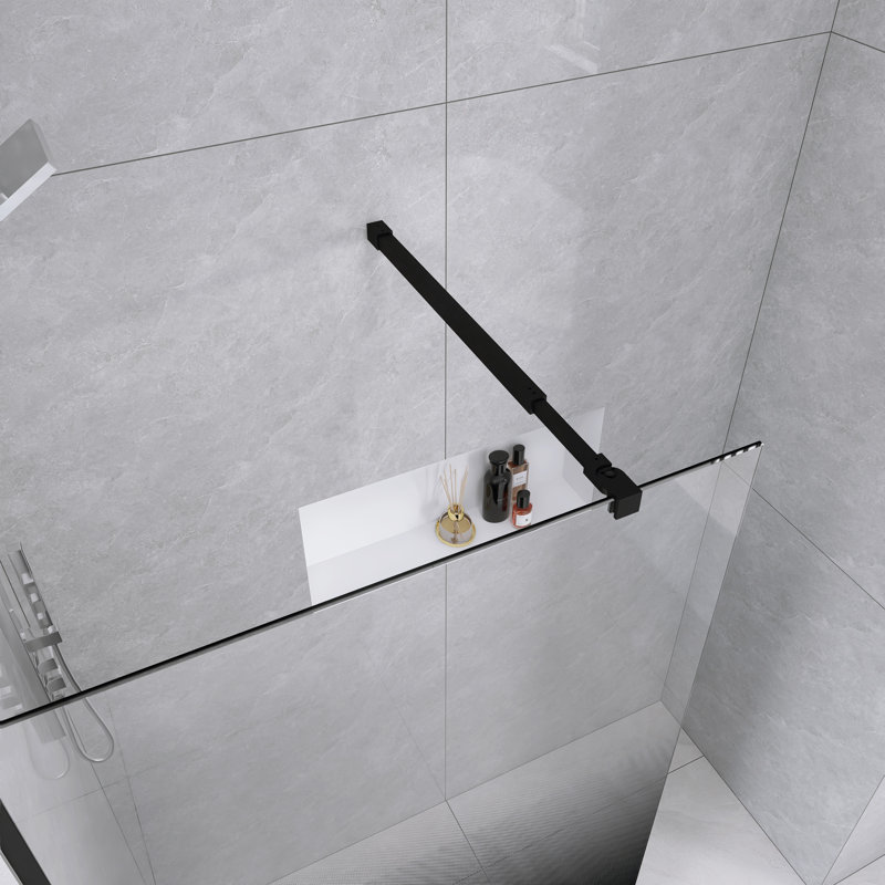 34 po L 72 po H Porte de douche fixe avec verre trempé noir de 1/4 po d'épaisseur noir mat | Barre de support en aluminium. | Poignée en acier inoxydable