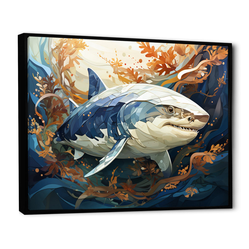 " Gray Orange Shark Harmony ", 34" H x 44" W x 1.5" D, Black Floater Framed