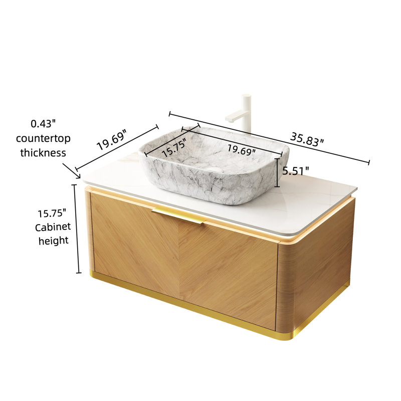 36" Bathroom Vanity With Exquisite Curved Cabinet, Soft Close Drawer, Sensor And Marble Sink Floating Twill Auto - Sensing Lighting, Sintered Stone Countertop Vessel