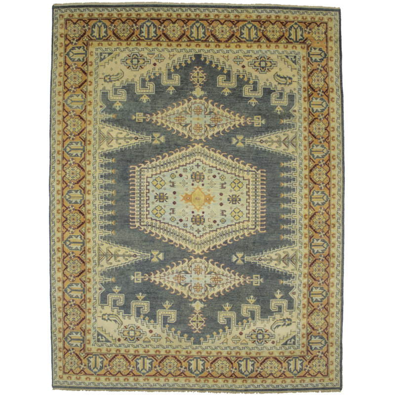 Tapis gris en laine noué à la main à motif géométrique Eilard