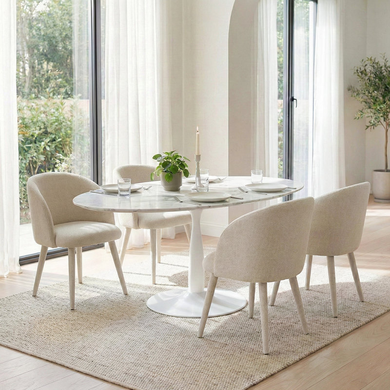5-Piece Oval Faux Marble Dining Set With 4 Upholstered Dining Chairs For Kitchen And Dining Room, White