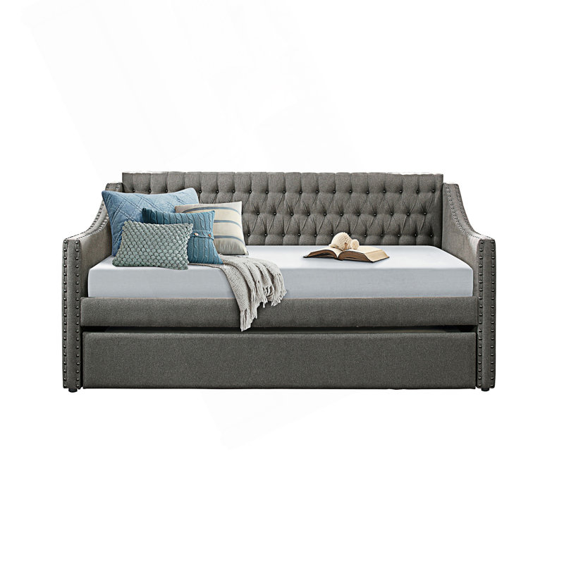 Modern Style Design Upholstered Sofa Bed With Trundle, Button-Tufted Detail Nailhead Trim Day Bed, Dark Gray