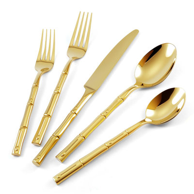 20-Piece Stainless Steel Flatware Set With Mirror Gold Finish And Bamboo Pattern Handles, Complete Service For 4