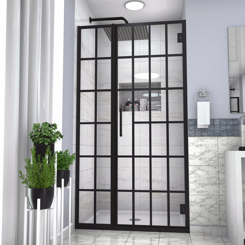 Porte de douche l 34 po x H 72 po sans cadre (10 mm), conception à entrée ouverte en noir mat