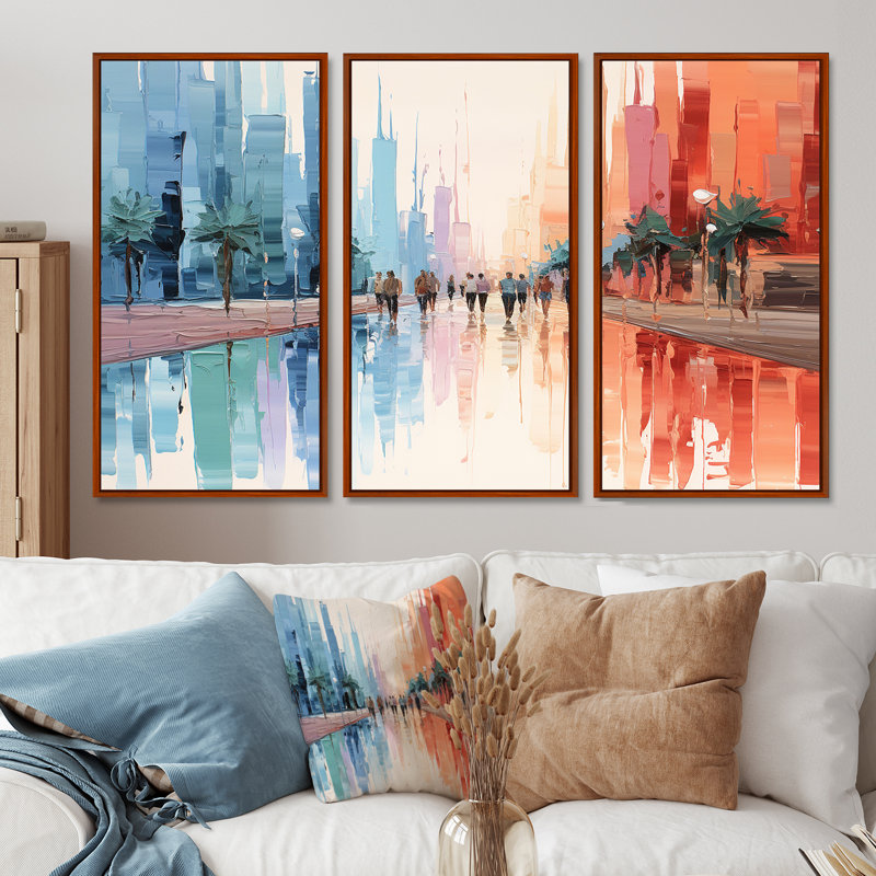 Nassim - Ensemble de salon mural art abstrait paysage, H 28 po x l 36 po x P 1 po, Cadre flottant brun