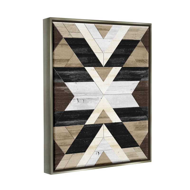 «Rustic Linear Aztec Shapes Gray», encadrée par Erica Billups, H 21 po x l 17 po x P 1,7 po, Cadre flottant gris lustré