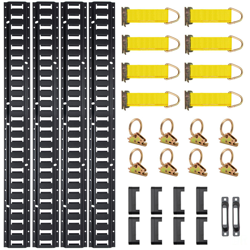 L'ensemble de rail d'attache E-Track, ensemble de rails E 30PCS 5FT comprend 4 rails en acier, 2 fentes simples, 8 anneaux toriques, 8 anneaux d'attache avec anneau en D et 8 embouts, des accessoires de fixation pour le fret, les motos et les vélos