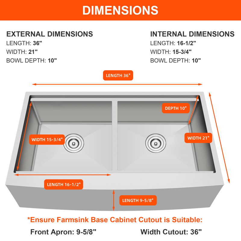 Évier de cuisine à tablier avant double cuve Blenzia 36 po, acier inoxydable calibre 16, 36 po x 21 po x 10 po