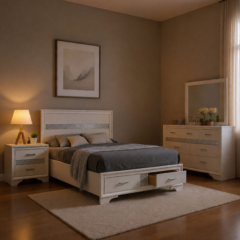 Ensemble de chambre à coucher double 4 pièces Vino, pied de lit avec rangement, noir, rayures scintillantes , Noir, Double