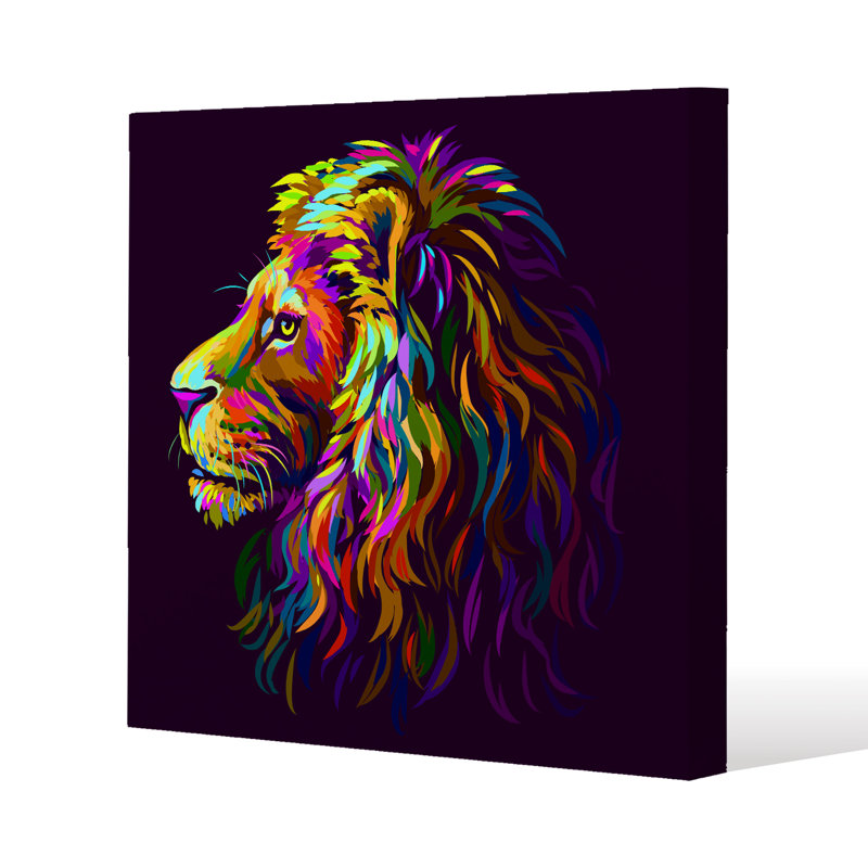 Lion''s Head On A Purple Background In Popart Style Canvas Print by Andrew Lee - Wrapped Canvas Print