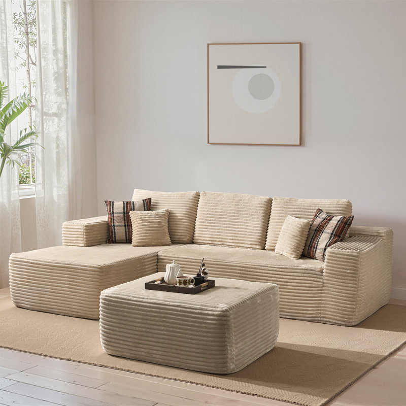 Canapé modulaire en velours côtelé avec repose-pieds 3 pièces Boneless Compression, Orienté à gauche (vu de face)