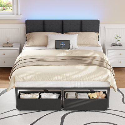 Structure de lit tapissier avec 2 tiroirs de rangement, lit plateforme moderne avec station de charge et lumière DEL, aucune boîte à ressorts nécessaire