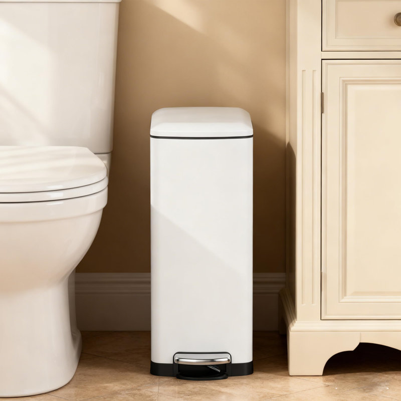 Poubelle de cuisine mince en acier inoxydable blanc - capacité de 8 gallons, couvercle à fermeture douce, seau intérieur amovible, pédale, poubelle rectangulaire étroite pour la cuisine, la salle de bain, le bureau - blanc