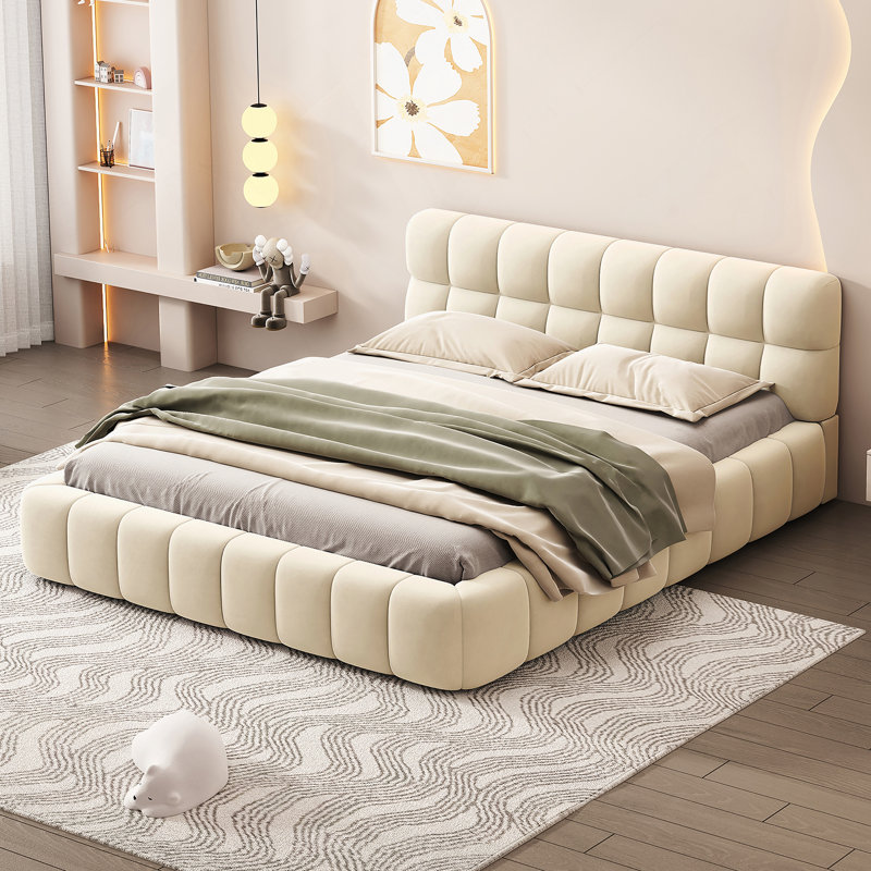 Lit plateforme tapissier avec tissu épais, lit au sol avec structure solide, Beige