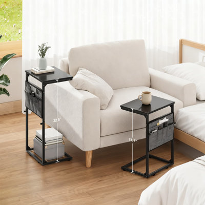 C-Shaped End Table Set Of 2, Adjustable Height Sofa Side Table With Storage Pockets, Slide Under Couch Table For Living Room And Bedroom, Space Saving Design