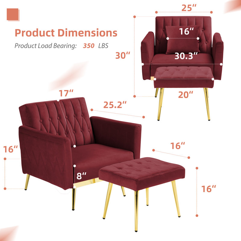 Siemon Velvet Accent Chair with Ottoman, Red Velvet