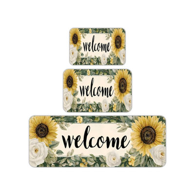 Green Yellow Sunflower Kitchen Mat 3 Pc Set for Kitchen & Entryway