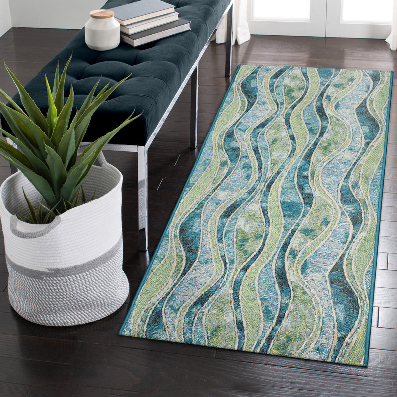 Diangelo Abstract Synthetic Non-Skid Kitchen Mat, Runner 1'11" x 4'11", Ocean/Blue/Green
