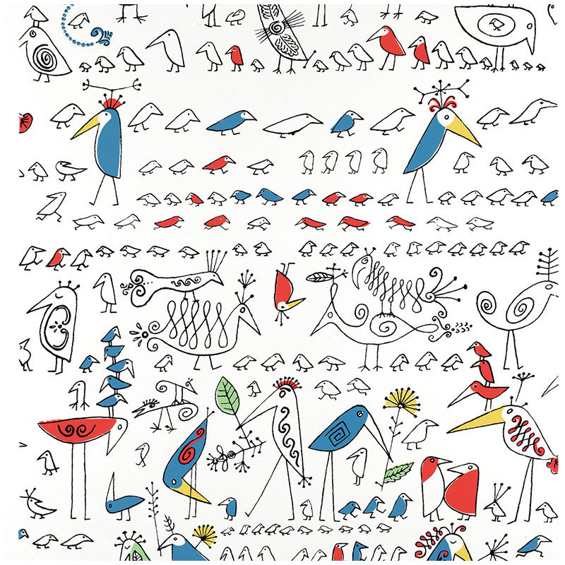 Papier peint aviaire, Noir / bleu / rouge