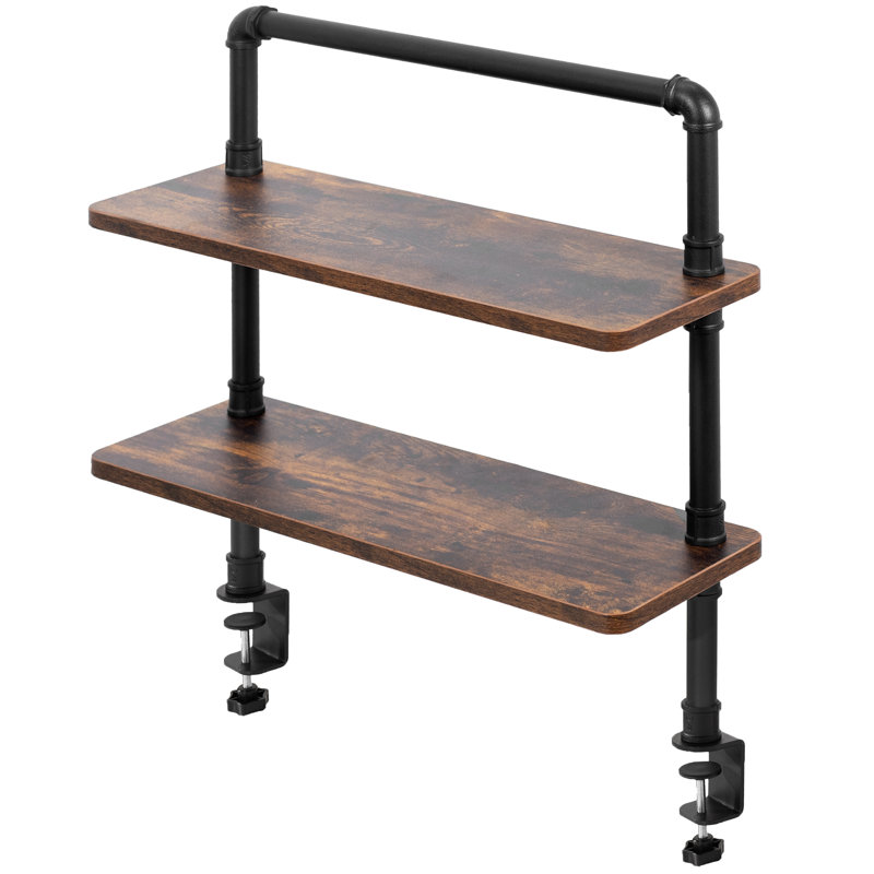 Vivo Clamp-On 2-Tier Decorative Industrial Pipe Shelves, 26.5" H x 23.5" W x 7.7" D, Brown/Black