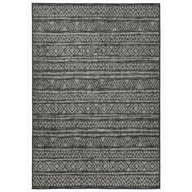  Outdoor Rug - Waterproof Easy to Clean Stain Resistant - Patio Indoor Outdoor Porch Deck Balcony Entryway - Striped Boho - Amman - Charcoal - 6' x 9'
