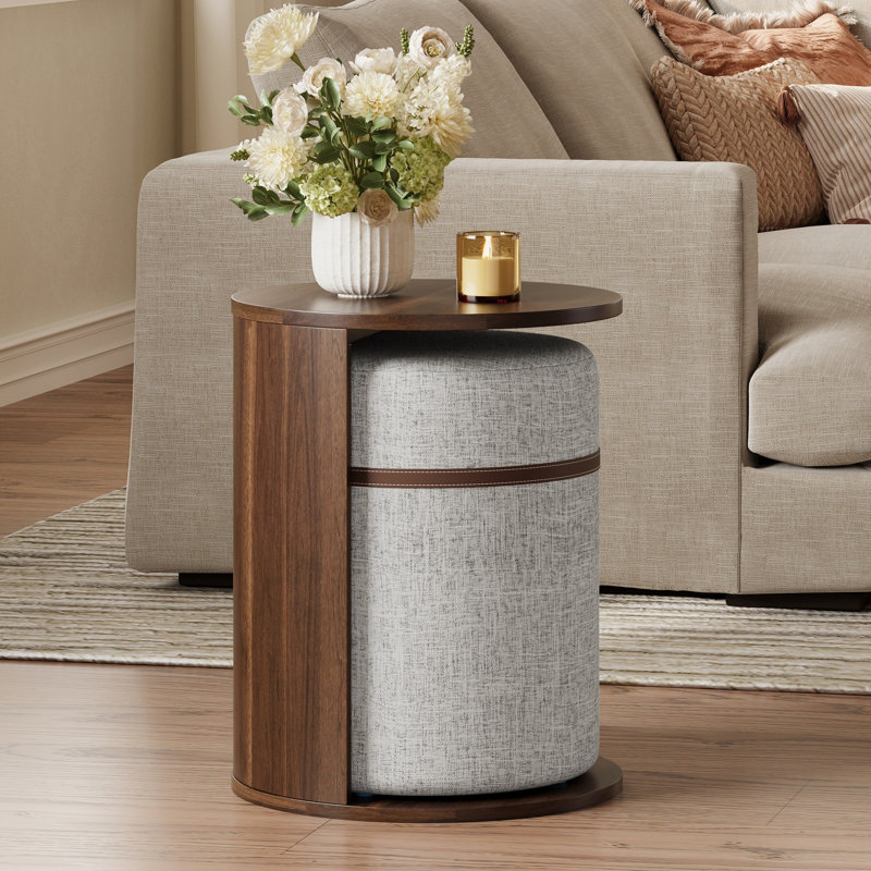 Table d'appoint ronde 2 en 1 avec tabouret rembourré coulissant pour petits espaces