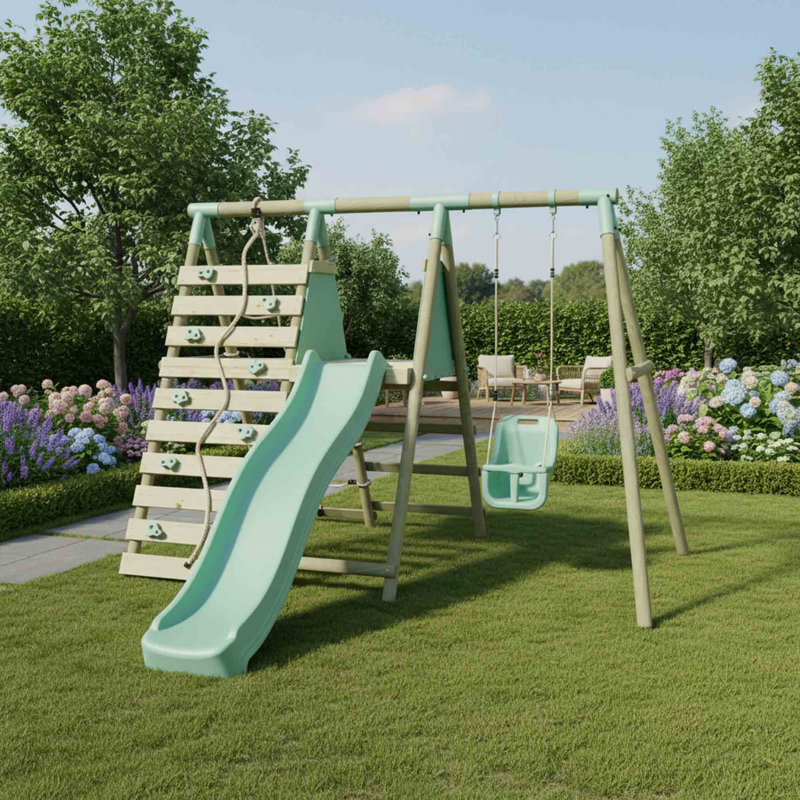 Mercia Wooden Round Pole Baby Seat Swing With Climbing Wall & Slide