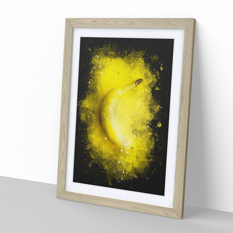 Yellow Banana Paint Splash - Picture Frame Graphic Art, Oak, 90cm H x 65cm W x 2cm D