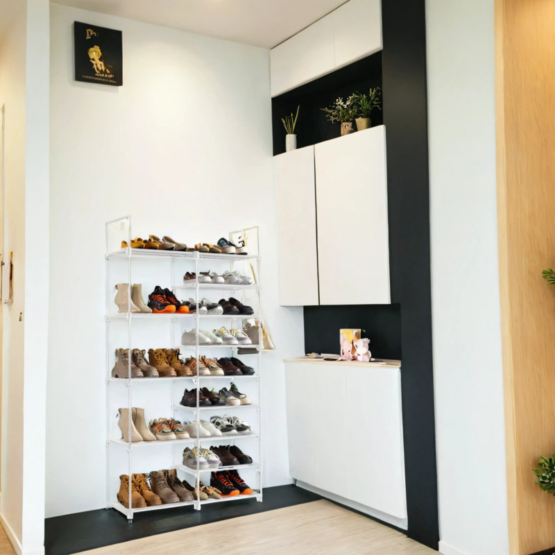 Range-chaussures double couche à 9 couches avec poignées en tissu non tissé, Blanc
