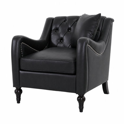 PU Leather Accent Chair, Mid‑Century Tufted Single Sofa Chair with Solid Wood Frame & Birch Wood Legs, Upholstered Armchair for Living Room Bedroom, 3 Colors Available