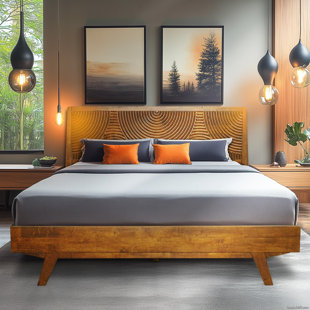 Solid  Wood Platform Bed Frame with Headboard – Mid-Century Modern Style, Carved Wood Grain, Easy Assembly with Smart Tool, No Box Spring Needed