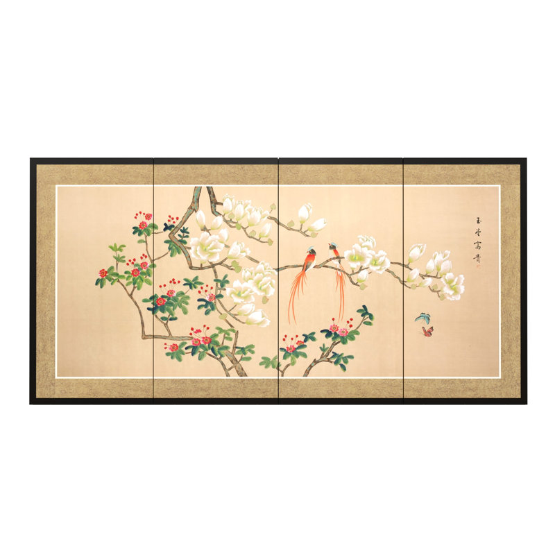 24" Love Birds 4 Panel Room Divider, 18" H x 36" W x 0.63" D