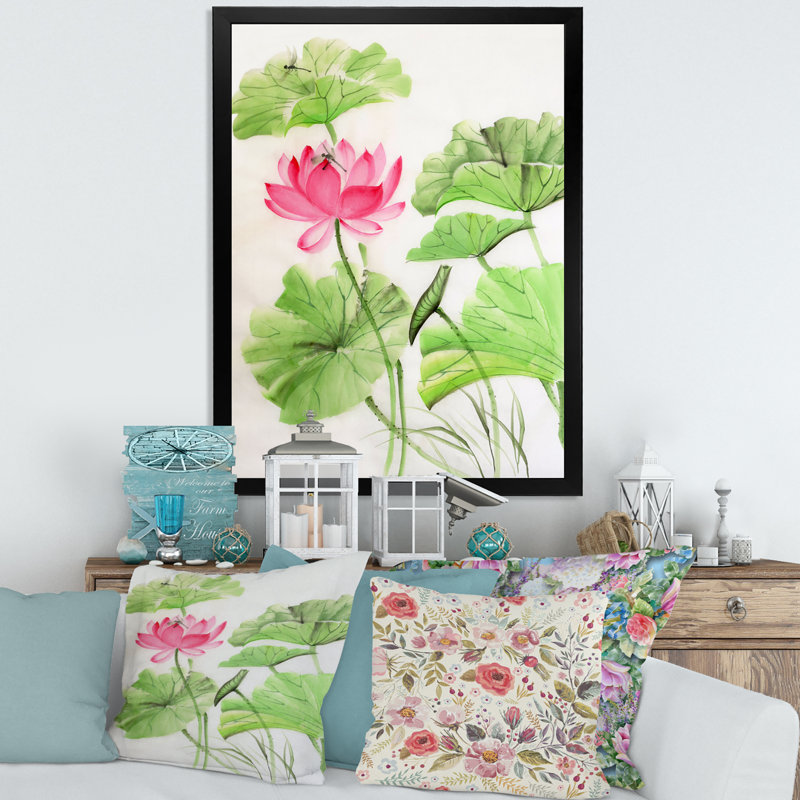 Lotus et libellule - reproduction sur toile, Toile avec cadre noir, H 32 po x l 24 po x P 1,5 po