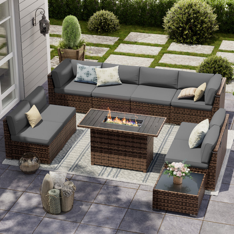 Ensemble de conversation modulaire en rotin avec coussins Avamay, Gris, Oui