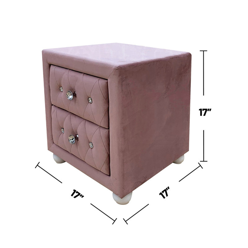 Table de chevet rembourrée en tissu rose pour chambre à coucher - 2 tiroirs, structure intérieure en bois tropical avec tiroirs à l'intérieur, poignées