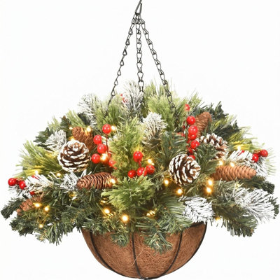 Outdoor Christmas Porch Decorations, Christmas Hanging Baskets with Lights for Outdoors, Artificial Xmas Greenery for Front Porch Patio Outside Urn Fillers Winter Decor
