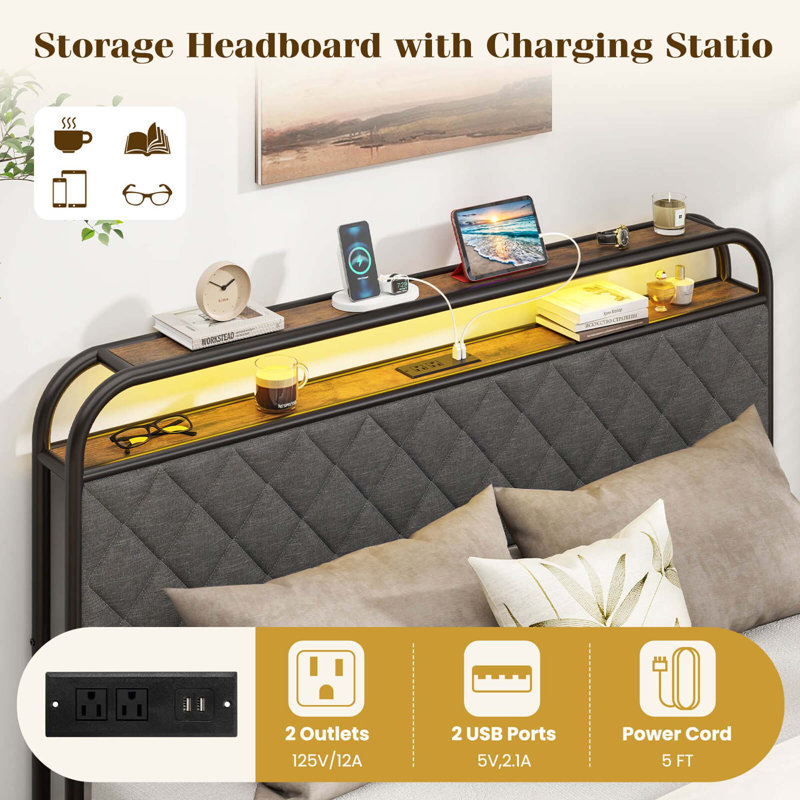 Bed Frame With Led Lights & Charging Station Storage Headboard & Drawers, Queen, Black/Gray