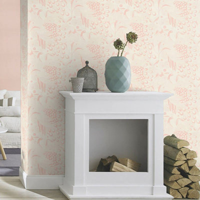Pink White Floral Textured Wallpaper - Botanique Plume Rose Birds - Solid Heavy Duty Plain Designer Wallpaper - Non Woven Fleece Wallpaper For Living Room Bedroom Kitchen Office Space