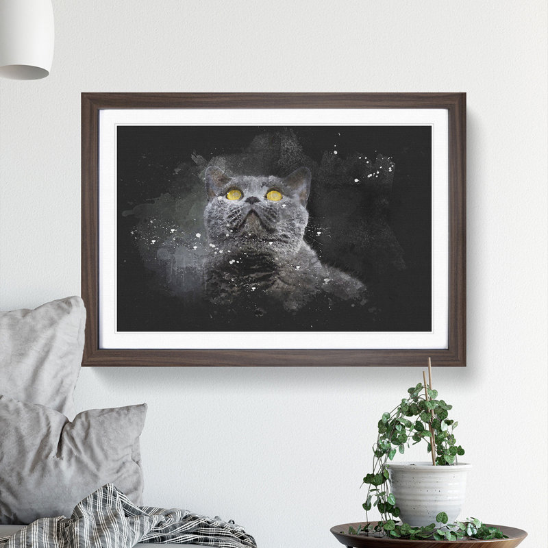 British Shorthair Cat In The Shadows Paint Splash - Picture Frame Graphic Art, 62cm H x 87cm W x 2cm D, Walnut Framed