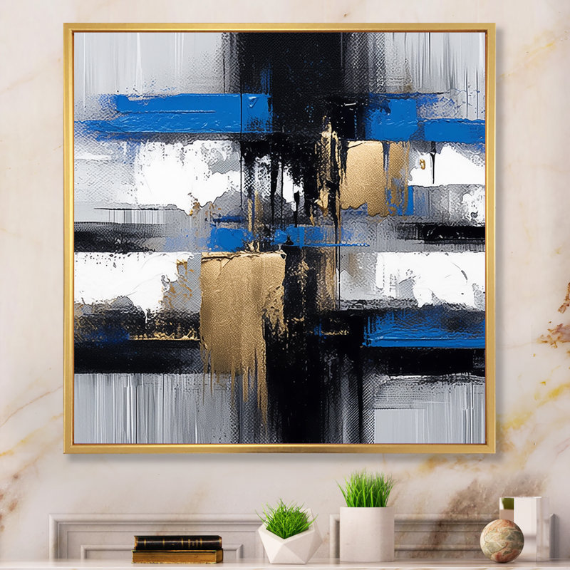 «Blue Paint Elegance I», art mural abstrait, Cadre flottant doré, H 30 po x l 30 po x P 1,5 po