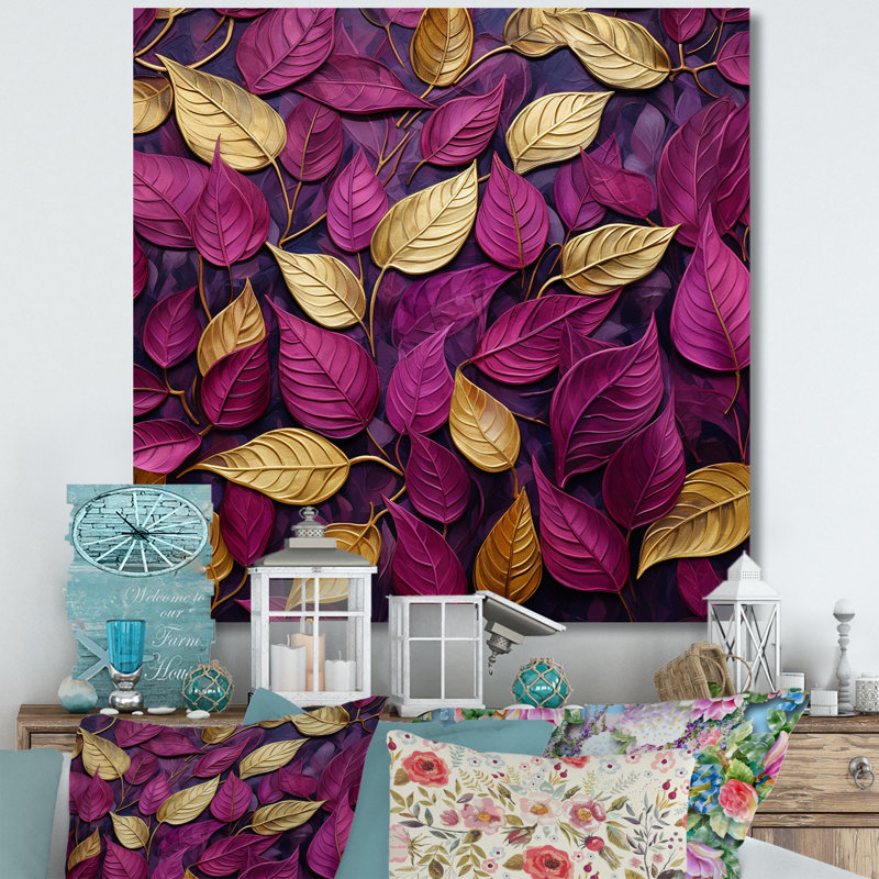 Feuilles dorées et roses charmantes I, Toile tendue, H 16 po x l 16 po x P 1 po
