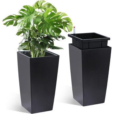 Paquet de 2 pots de fleurs à arrosage automatique de 16 pouces, pots noirs avec moniteur d'eau et roues pour intérieur / extérieur