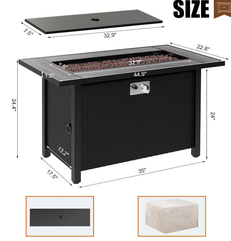 Table de foyer au propane de 114 cm (45 po). Foyer au gaz en acier de 50 000 BTU avec couvercle et pierres de lave. Foyer extérieur homologué pour patio, terrasse ou jardin.