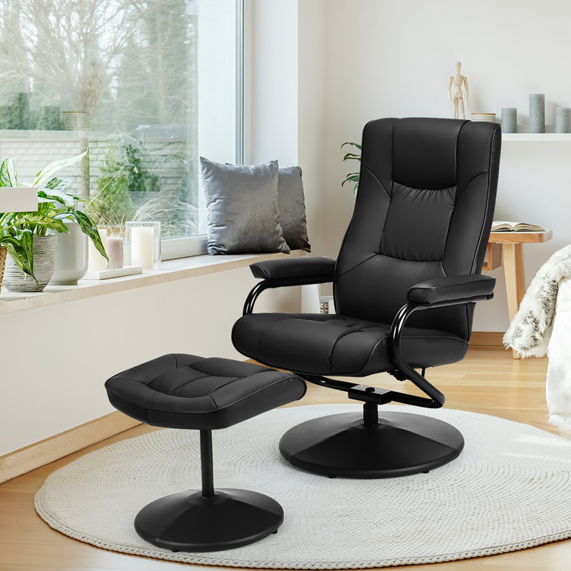 Hetherington Faux Leather Swivel Recliner, Black Faux Leather
