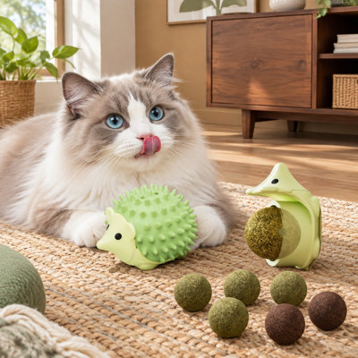 Ensemble de jouets pour chat 2 en 1 comprenant 6 balles de cataire de recharge et 3 coquillages de massage, avec des gâteries comestibles à base de vigne argentée et de galle, ainsi qu'un design autotoilettant pour une mastication saine chez le chaton.