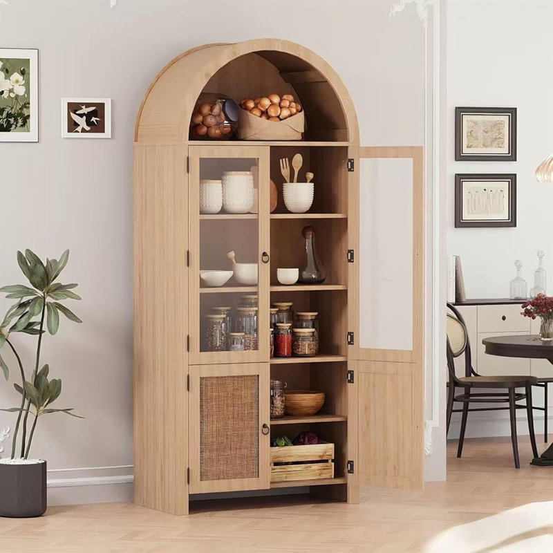 Vitrine arquée de 71 po de hauteur, armoire de rangement moderne en bois cannelé à 6 niveaux avec portes en verre et rotin, armoires de rangement pour cuisines pour salle à manger et salon