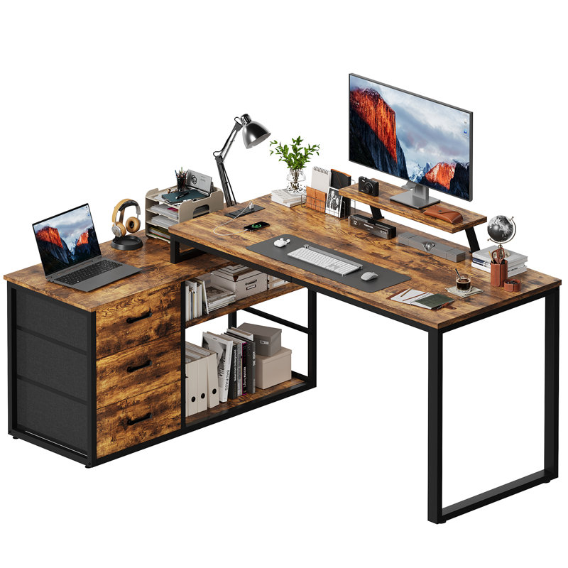 L-Shaped Metal Base Computer Desk, Brown, Black