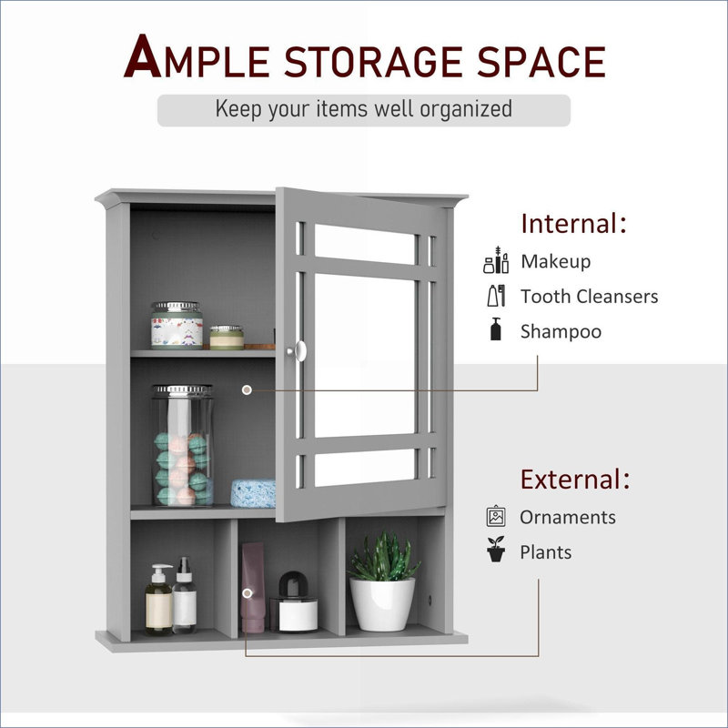Armoires | Pharmacie à miroir murale avec tablettes de rangement ouvertes, résistante à l'eau, L 19 po x l 6,5 po x H 23,5 po, gris ardoise | Moderne | Panneau de fibres à densité moyenne