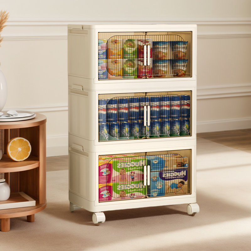 Bacs de rangement empilables et pliables avec couvercles et roulettes, Beige / transparent, 93