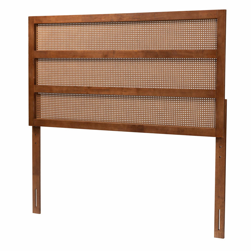 Walnut Wood and Rattan Queen Size Headboard with Woven Design